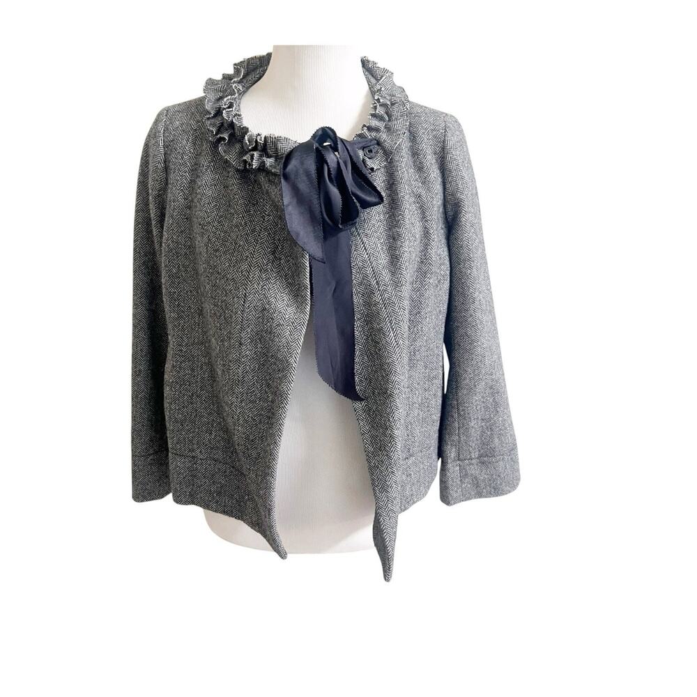 J Crew SZ 4 Women’s Cheshire Ruffle Tie Neck Jacket in Black/White Herringbone